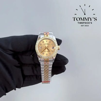 AAA + Ladies Datejust 28mm Gold Dial (Bimetal Gold) Jubilee With Diamond Bezel