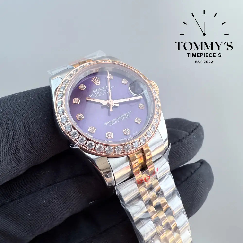 AAA + Ladies Datejust 28mm Purple Dial (Bimetal Rose Gold) Jubilee With Diamond Bezel