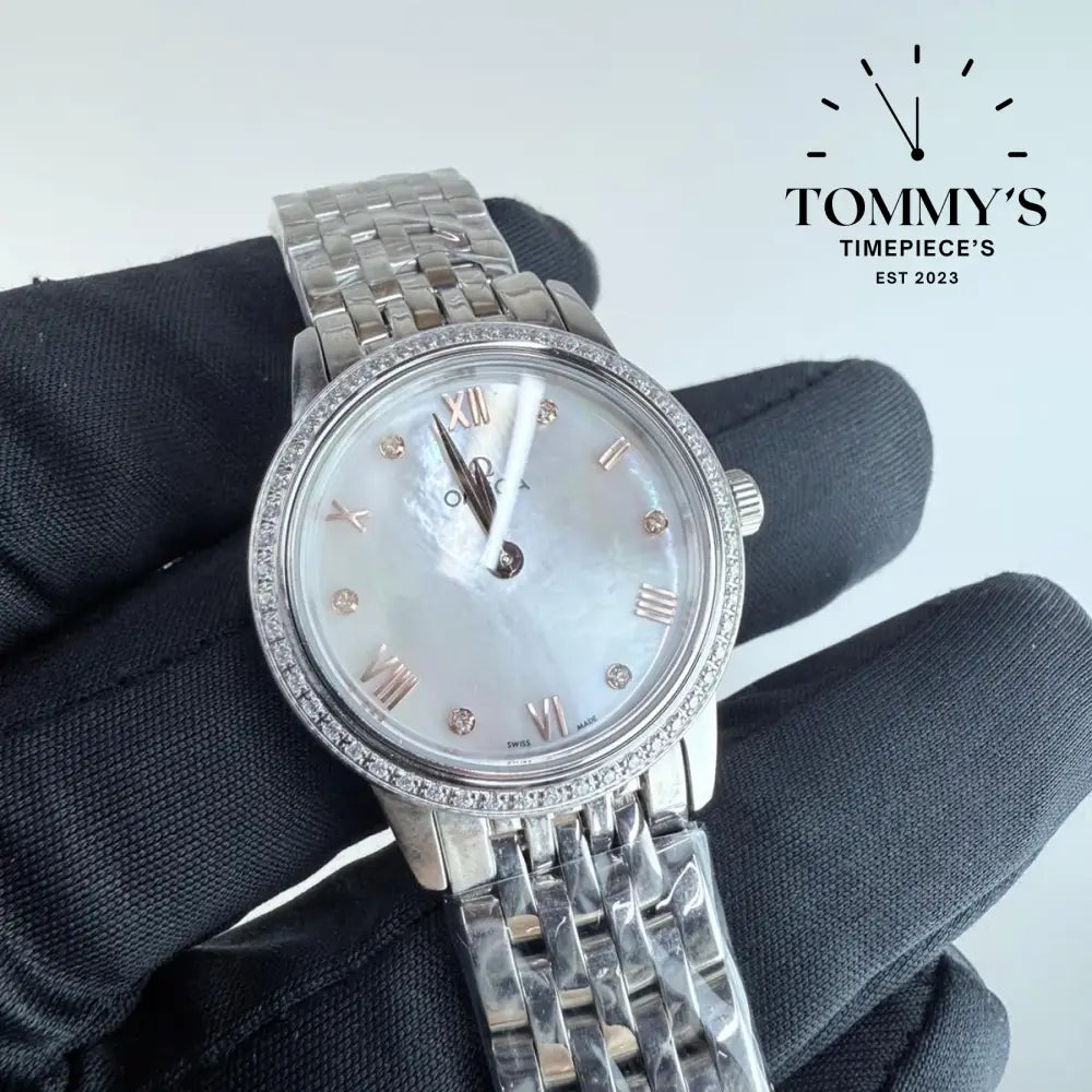 AAA+ Ladies De Ville Prestige 27.5mm White Mother-Of-Pearl Dial-Stainless Steel Bracelet (Diamond-Paved Bezel)