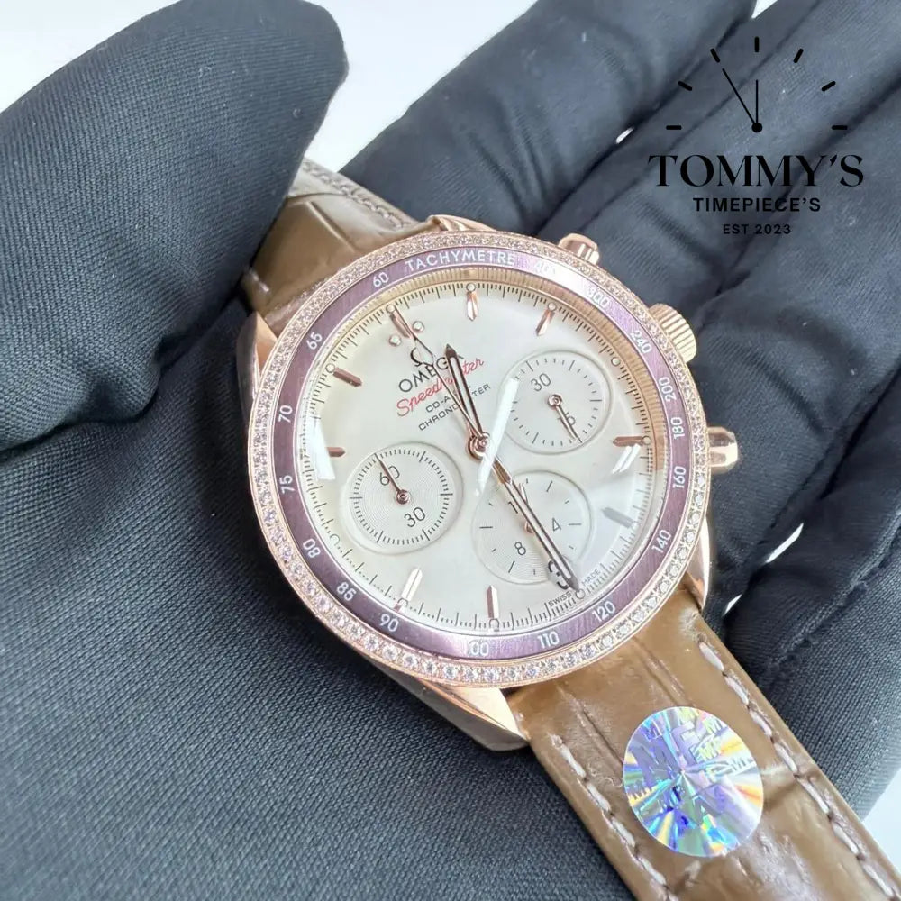 AAA+ Ladies Speedmaster Co-Axial Chronograph 38mm Silver-Colored Dial-Brown Leather Strap (Brown Bezel)