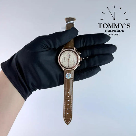 AAA+ Ladies Speedmaster Co-Axial Chronograph 38mm Silver-Colored Dial-Brown Leather Strap (Brown Bezel)