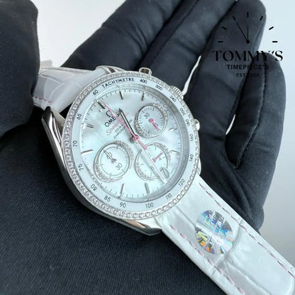 AAA+ Ladies Speedmaster Co-Axial Chronometer Chronograph 38mm Mother-Of-Pearl Dial-White Leather Strap (Diamond-set