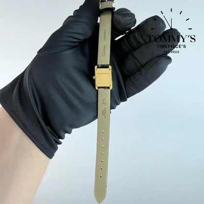 AAA+ Ladies Tank Louis 29.5mm White Dial-Leather Strap (Yellow Gold Bezel)