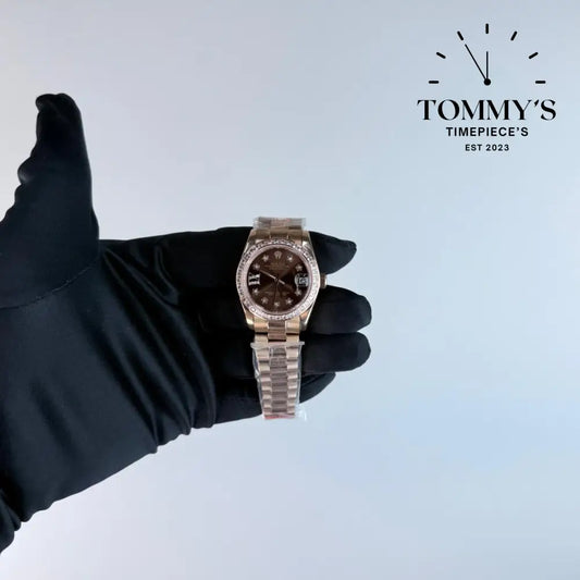 AAA+ Lady Datejust Everose Gold (279135RBR) 28mm Chocolate Dial-Presidential Bracelet (Factory-Set Diamond Bezel)