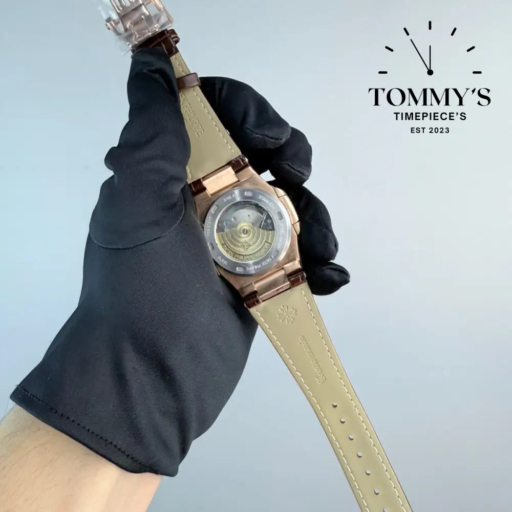 AAA+ Nautilus Rose Gold Brown Dial 40mm Leather Strap