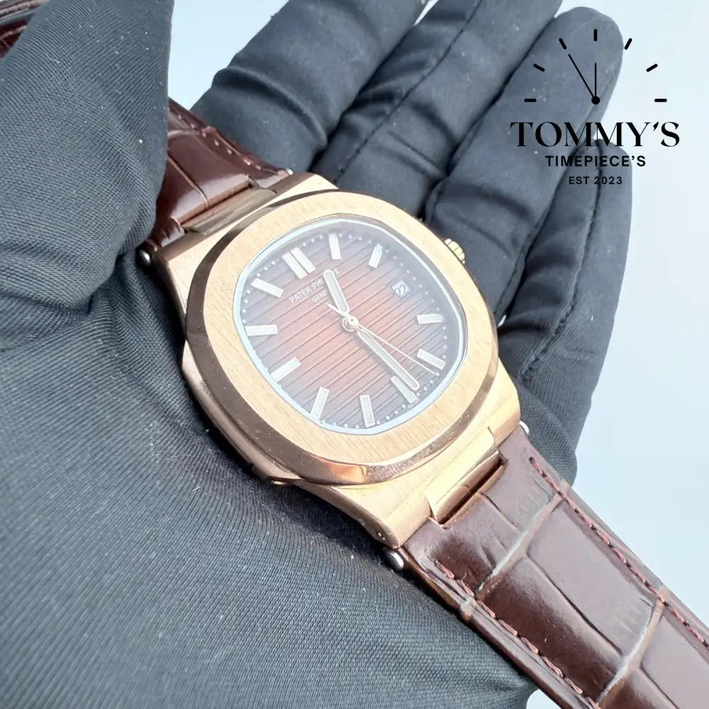AAA+ Nautilus Rose Gold Brown Dial 40mm Leather Strap