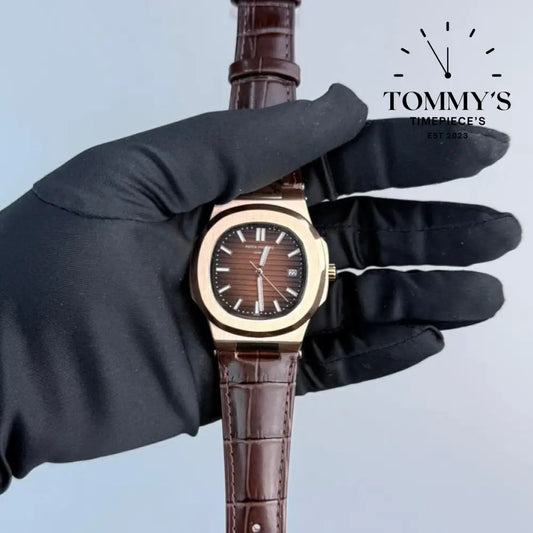 AAA+ Nautilus Rose Gold Brown Dial 40mm Leather Strap