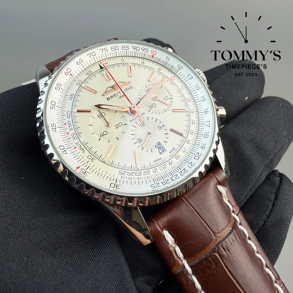 Navitimer Strap AAA+ Navitimer, 41mm Silver Dial-Brown Leather Strap (Silver Bezel ...
