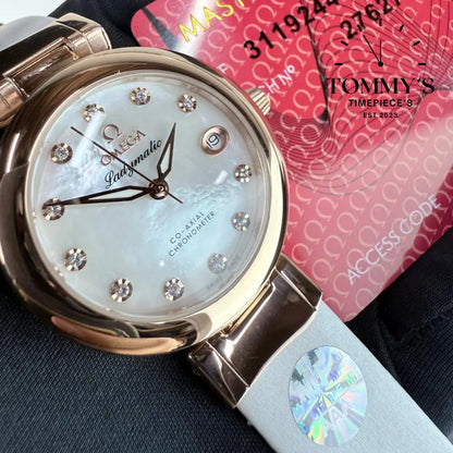 AAA+ Omega De Ville Ladymatic Co-Axial chronometer 34mm White Mother-Of-Pearl Dial- White Leather Strap (Roes Gold