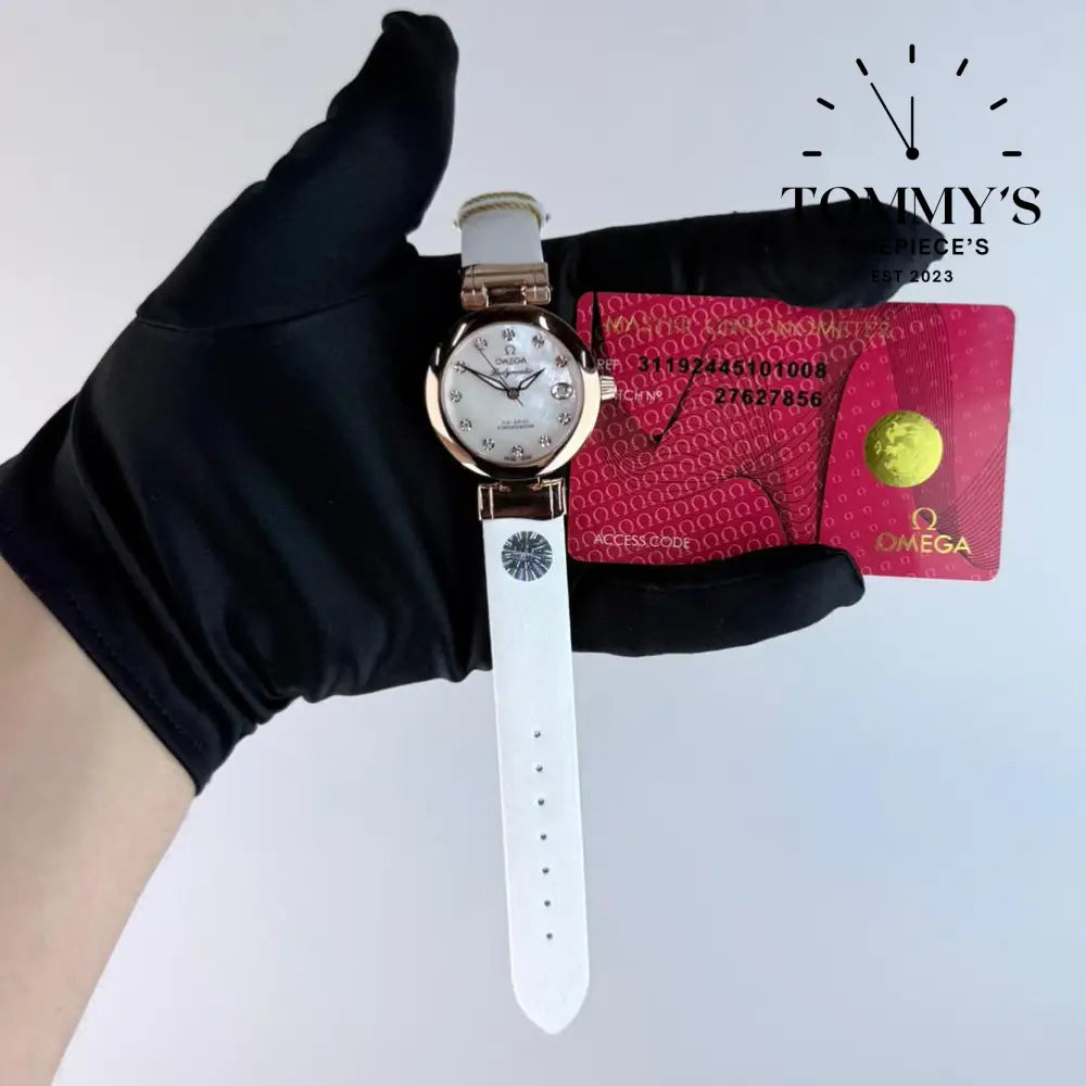 AAA+ Omega De Ville Ladymatic Co-Axial chronometer 34mm White Mother-Of-Pearl Dial- White Leather Strap (Roes Gold
