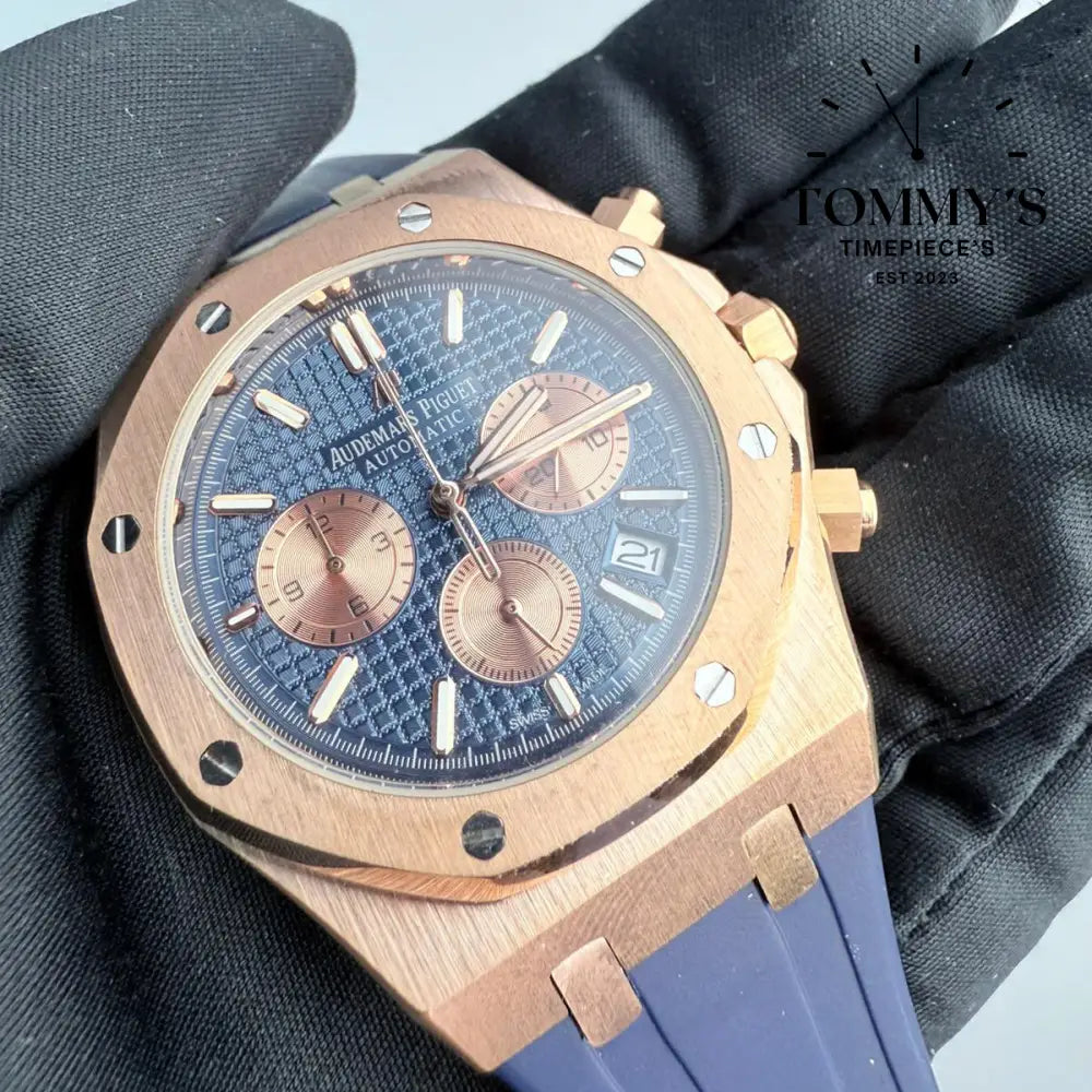 AAA+ Royal Oak Chronograph 41mm Blue ’Grande Tapisserie’ Dial-Leather Strap (Rose Gold Bezel)