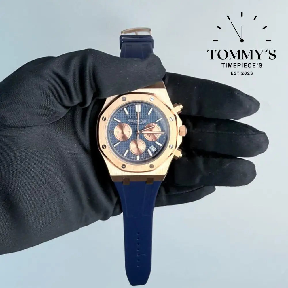 AAA+ Royal Oak Chronograph 41mm Blue ’Grande Tapisserie’ Dial-Leather Strap (Rose Gold Bezel)