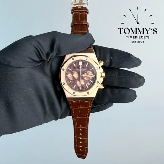 AAA+ Royal Oak Chronograph 41mm Chocolate ’Grande Tapisserie’ Dial-Leather Strap (Gold Bezel)