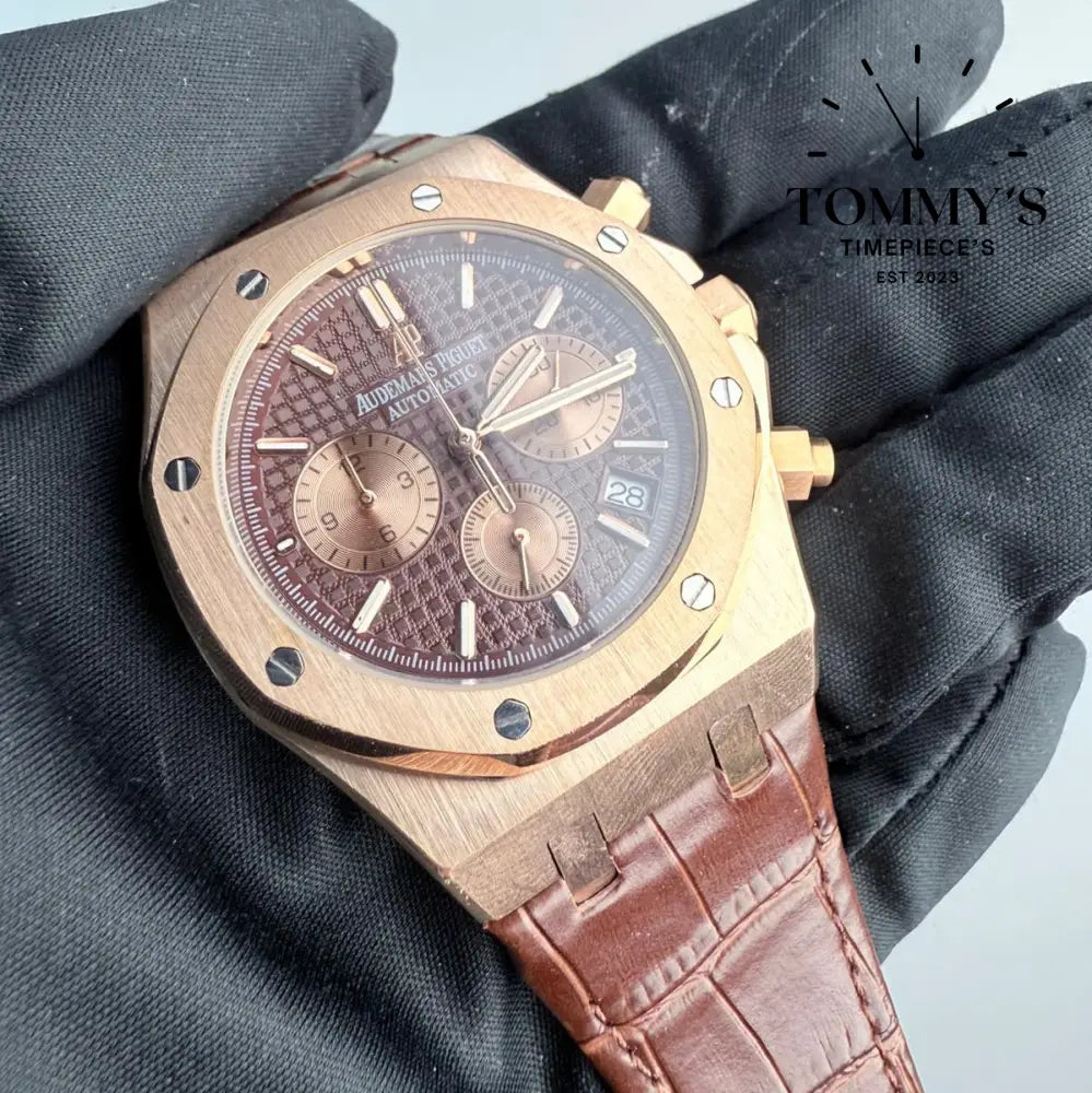 AAA+ Royal Oak Chronograph 41mm Chocolate ’Grande Tapisserie’ Dial-Leather Strap (Gold Bezel)