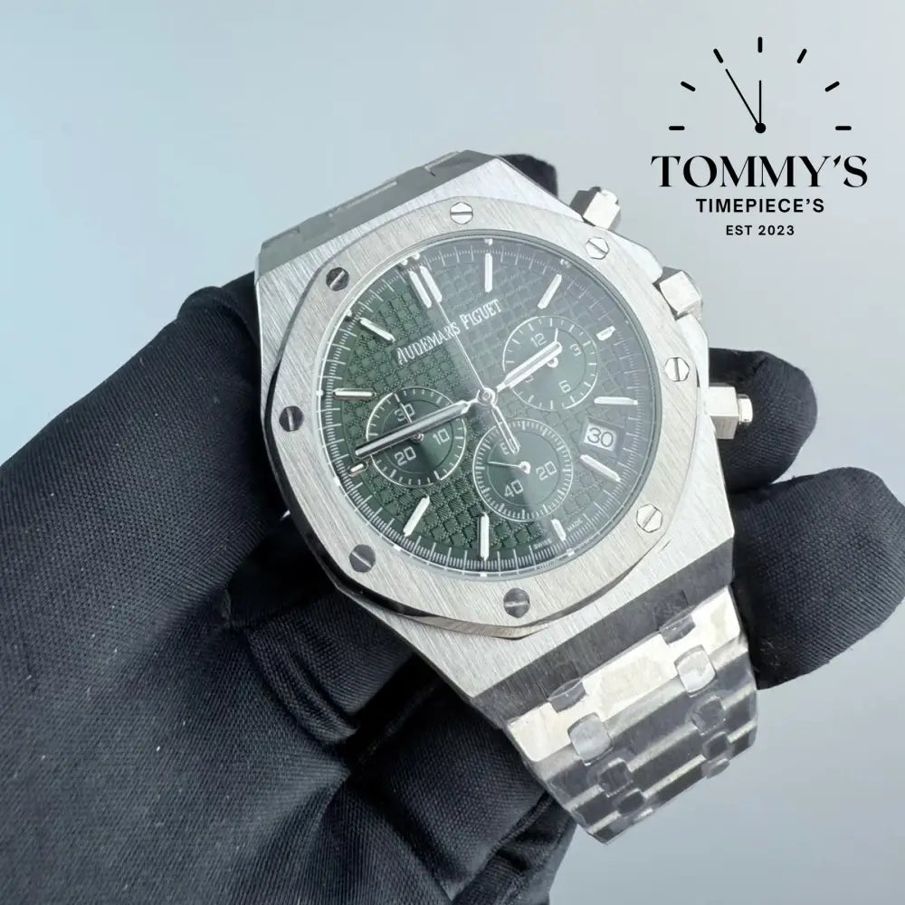 AAA+ Royal Oak Chronograph ’50th Anniversary’ 41mm Khaki Green Dial-Stainless Steel Bracelet (Silver Bezel)