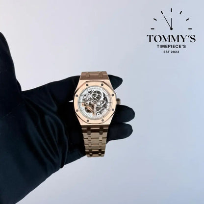 AAA+ Royal Oak (Skeleton) 41mm Skeletonized White Dial-Stainless Steel Bracelet (Gold Bezel)