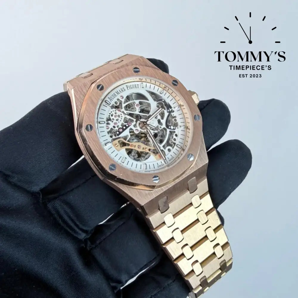 AAA+ Royal Oak (Skeleton) 41mm Skeletonized White Dial-Stainless Steel Bracelet (Gold Bezel)