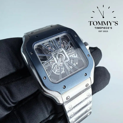 AAA+ Santos (Large Model) 39.8mm Skeleton Dial-Stainless Steel Bracelet (Dark Blue Bezel) Watches