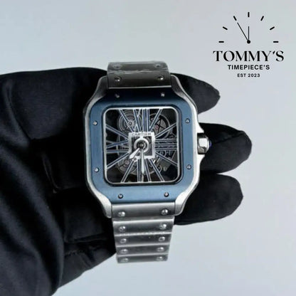 AAA+ Santos (Large Model) 39.8mm Skeleton Dial-Stainless Steel Bracelet (Dark Blue Bezel) Watches