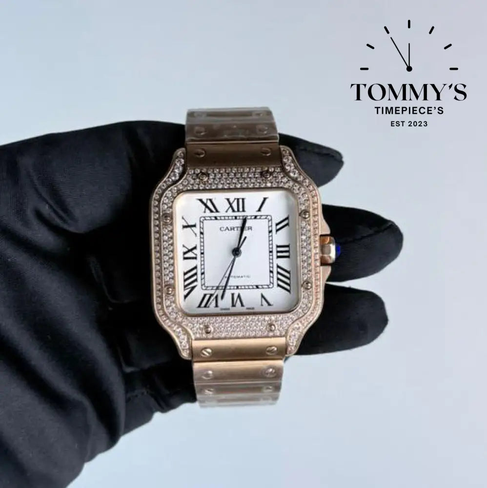 AAA+ Santos (Large Model) 39.8mm White Dial- Rose Gold (Diamond-Set Bezel)