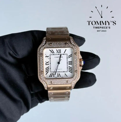 AAA+ Santos (Large Model) 39.8mm White Dial- Rose Gold (Diamond-Set Bezel)