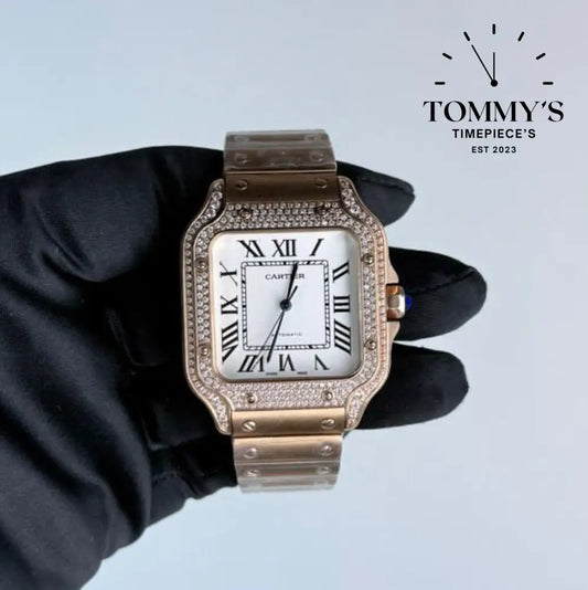 AAA+ Santos (Large Model) 39.8mm White Dial- Rose Gold (Diamond-Set Bezel)