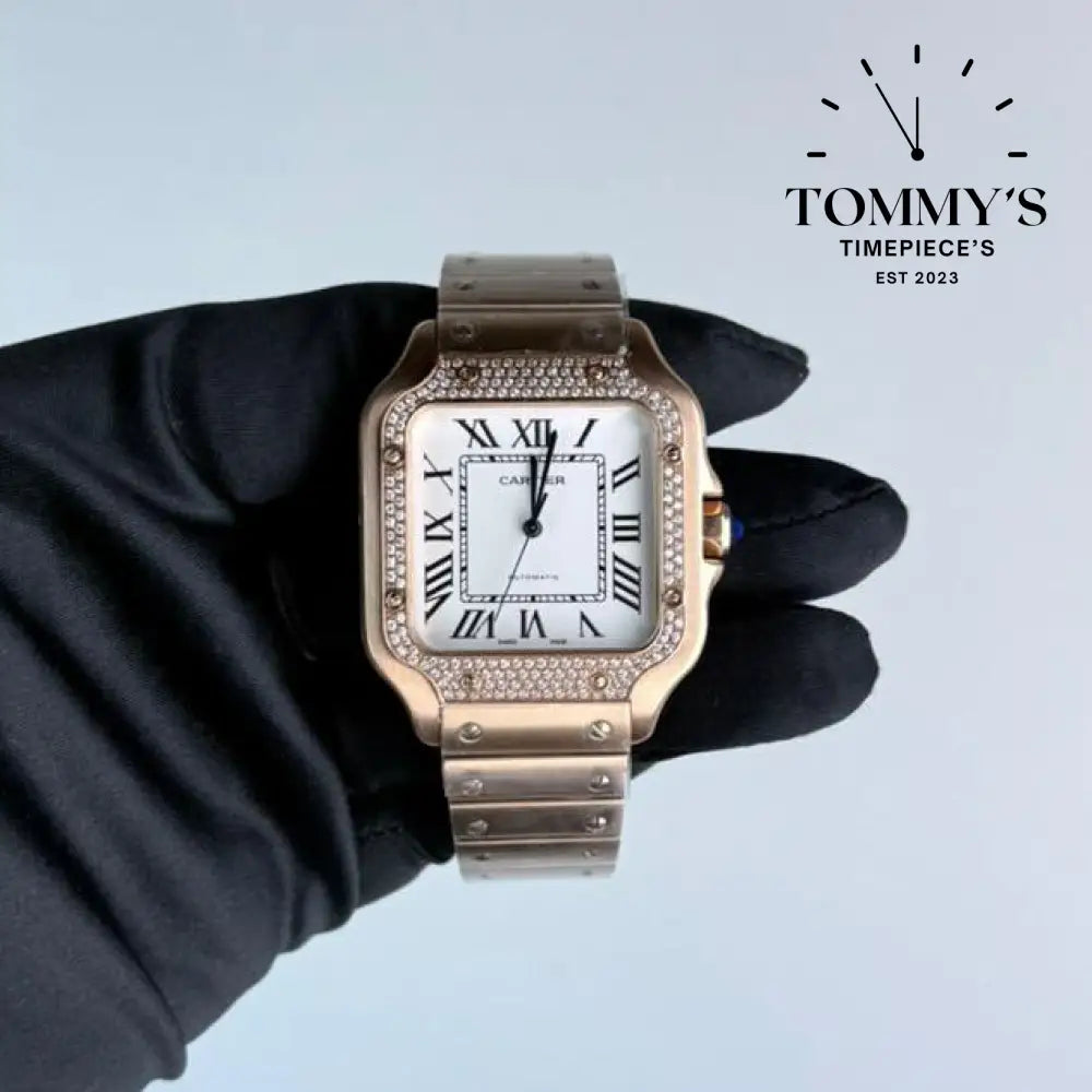 AAA+ Santos (Large Model) 39.8mm White Dial- Rose Gold (Diamond-Set Bezel)