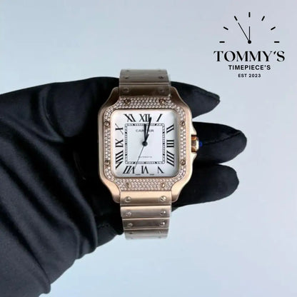 AAA+ Santos (Large Model) 39.8mm White Dial- Rose Gold (Diamond-Set Bezel)