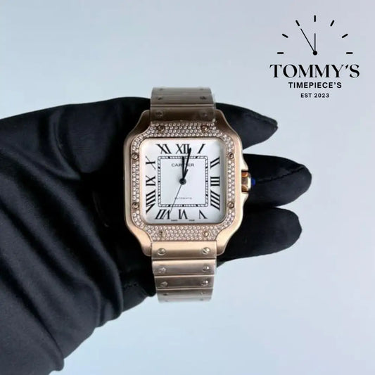 AAA+ Santos (Large Model) 39.8mm White Dial- Rose Gold (Diamond-Set Bezel)