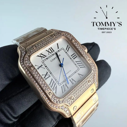 AAA+ Santos (Large Model) 39.8mm White Dial- Rose Gold (Diamond-Set Bezel)