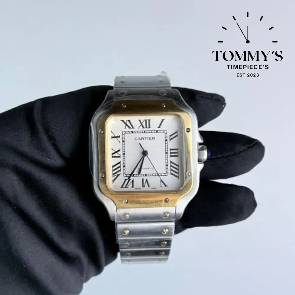 AAA+ Santos (Large Model) 39.8mm White Dial- Stainless Steel Bracelet (Yellow Gold Bezel)