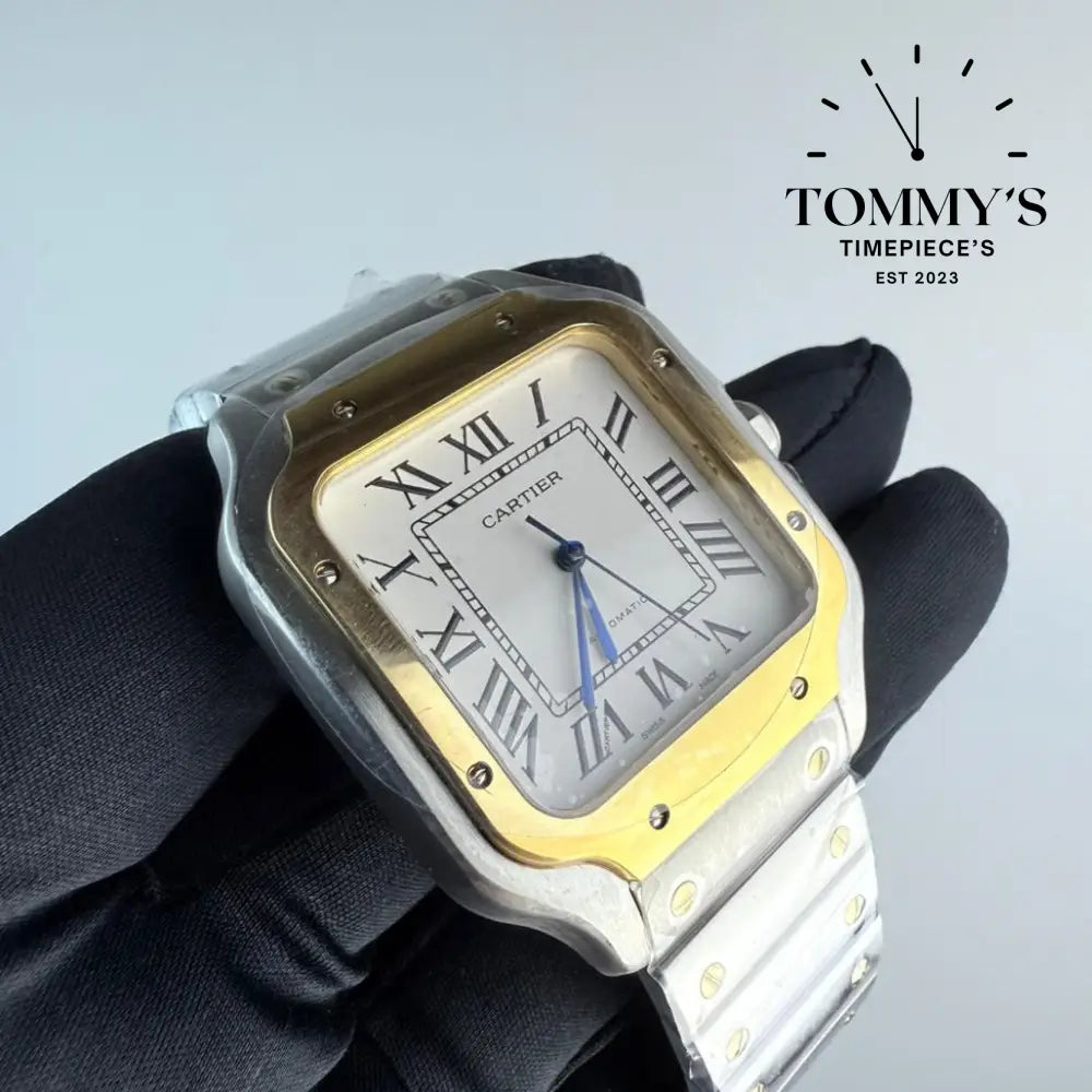 AAA+ Santos (Large Model) 39.8mm White Dial- Stainless Steel Bracelet (Yellow Gold Bezel)