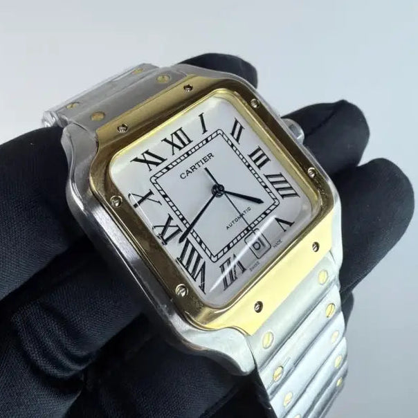 AAA+ Santos de Cartier Medium Model (35mm) Two-Tone Steel & 18ct Yellow Gold-Silver Opaline Dial (No Date) Watches