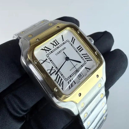 AAA+ Santos de Cartier Medium Model (35mm) Two-Tone Steel & 18ct Yellow Gold-Silver Opaline Dial (No Date) Watches