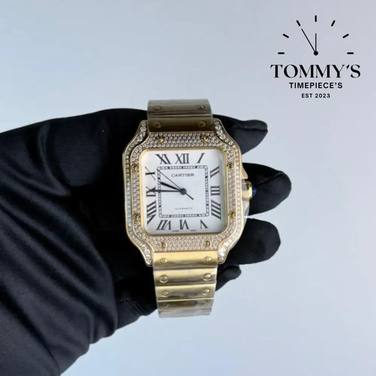 AAA+ Santos (Large Model) 39.8mm White Dial- Yellow Gold (Diamond-Set Bezel)