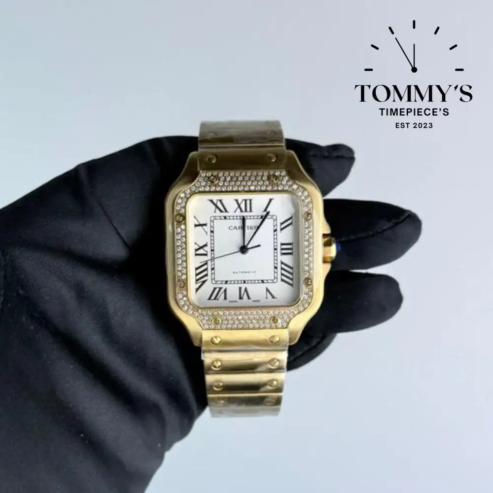 AAA+ Santos (Large Model) 39.8mm White Dial- Yellow Gold (Diamond-Set Bezel)