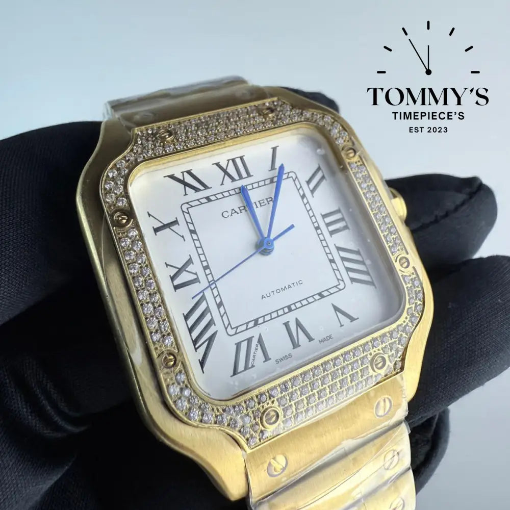 AAA+ Santos (Large Model) 39.8mm White Dial- Yellow Gold (Diamond-Set Bezel)