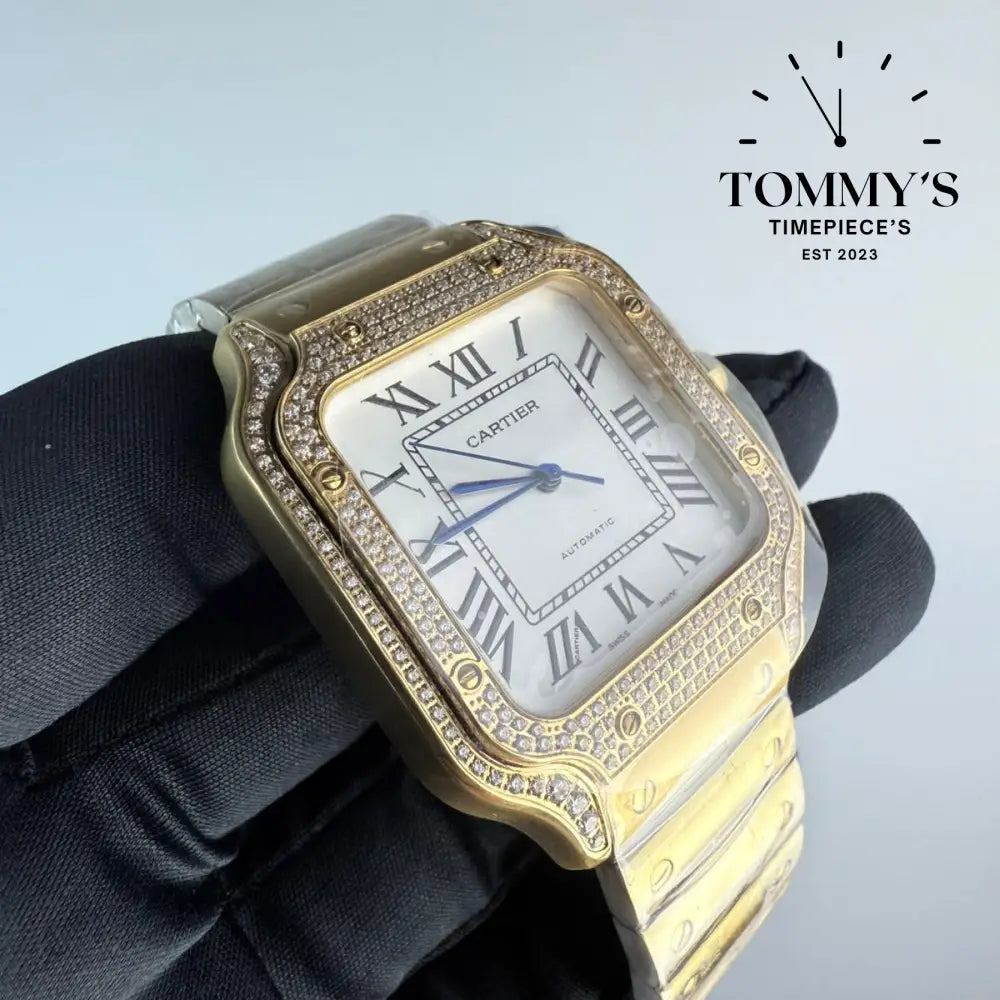 AAA+ Santos (Large Model) 39.8mm White Dial- Yellow Gold (Diamond-Set Bezel)