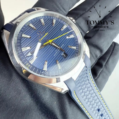 AAA+ Seamaster Aqua Terra 150M Co-Axial Master Chronometer 43mm Blue Dial-Rubber Strap (Silver Bezel)