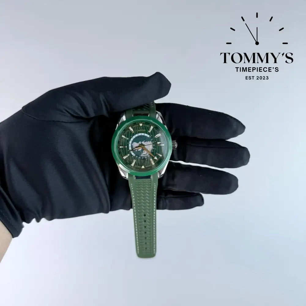 AAA+ Seamaster Aqua Terra 150M Co-Axial Master Chronometer GMT Worldtimer 43mm Green Dial-Green Rubber Strap (Green