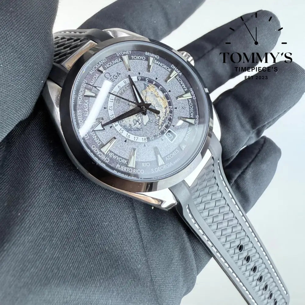 AAA+ Seamaster Aqua Terra 150M Co-Axial Master Chronometer GMT Worldtimer 43mm Grey Dial-Rubber Strap (Silver Bezel)