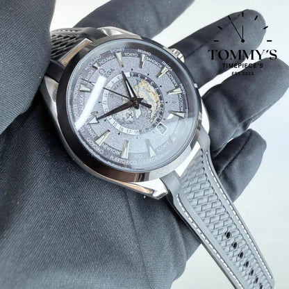 AAA+ Seamaster Aqua Terra 150M Co-Axial Master Chronometer GMT Worldtimer 43mm Grey Dial-Rubber Strap (Silver Bezel)
