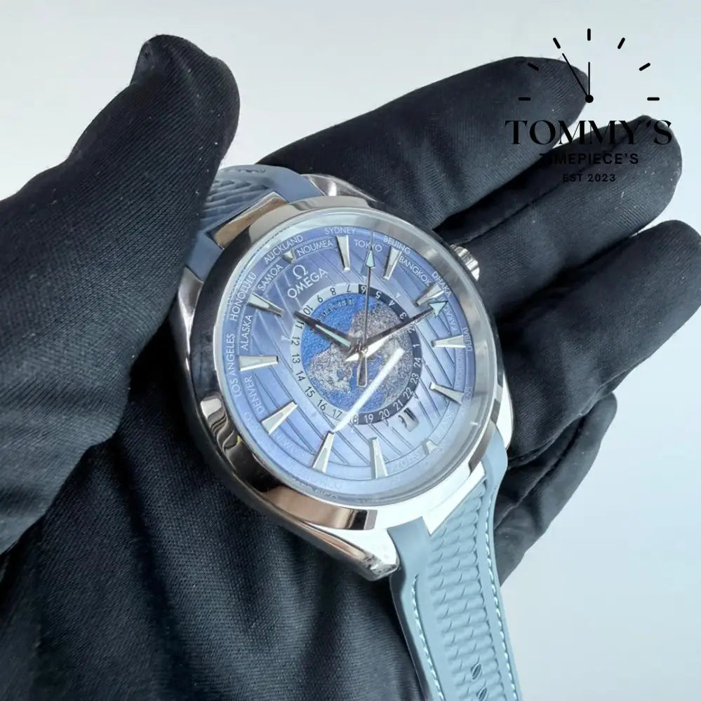 AAA+ Seamaster Aqua Terra 150M Co-Axial Master Chronometer GMT Worldtimer 43mm Summer Blue Dial- Blue Rubber Strap