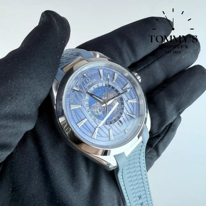 AAA+ Seamaster Aqua Terra 150M Co-Axial Master Chronometer GMT Worldtimer 43mm Summer Blue Dial- Blue Rubber Strap