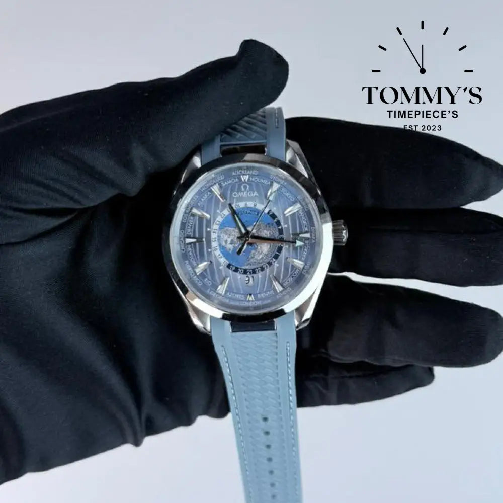 AAA+ Seamaster Aqua Terra 150M Co-Axial Master Chronometer GMT Worldtimer 43mm Summer Blue Dial- Blue Rubber Strap