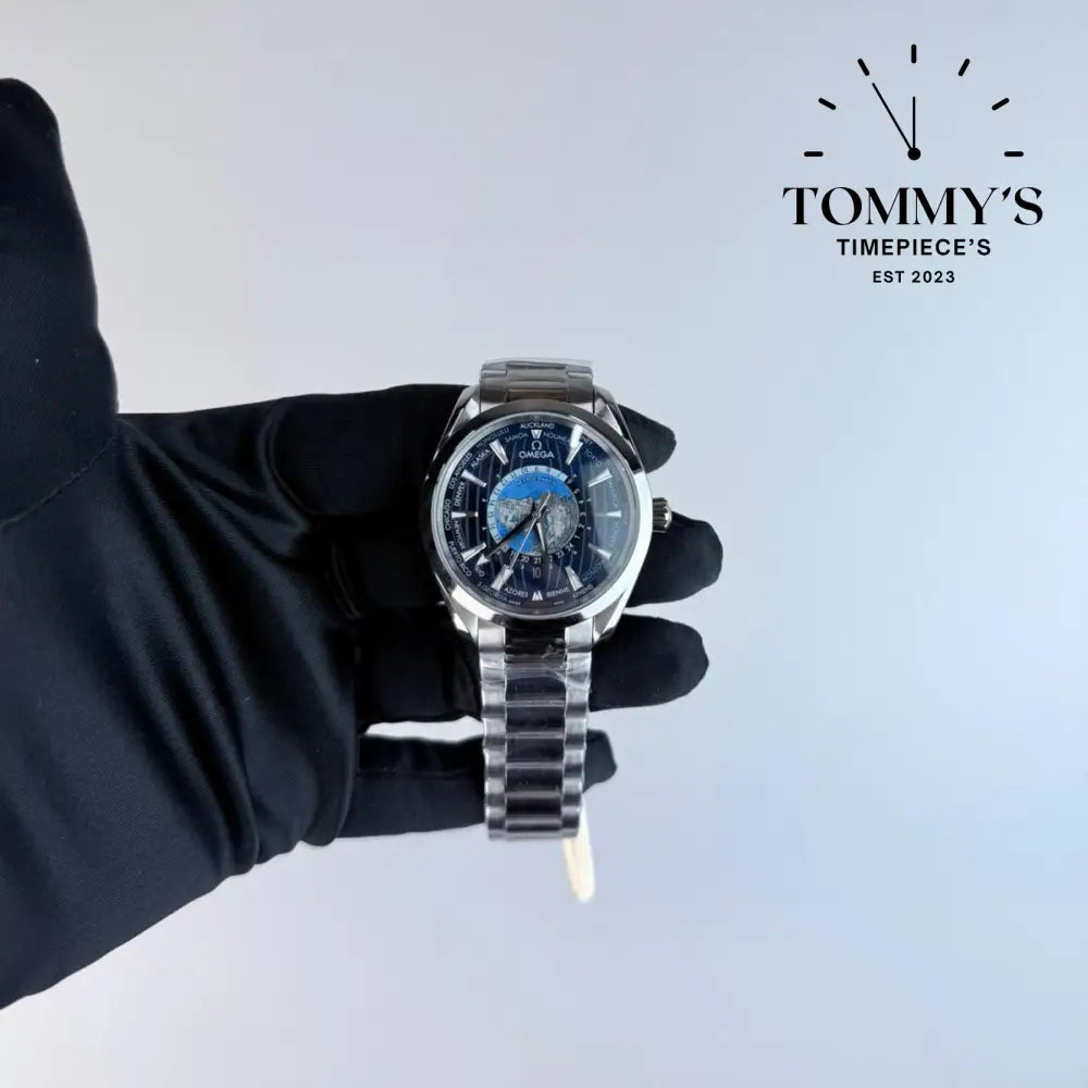 AAA+ Seamaster Aqua Terra 150M Co-Axial Master Chronometer GMT Worldtimer 43mm Sun-Brushed Blue Dial-Stainless Steel