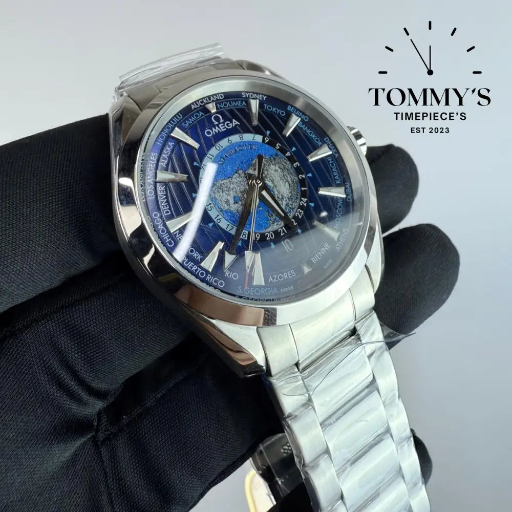 AAA+ Seamaster Aqua Terra 150M Co-Axial Master Chronometer GMT Worldtimer 43mm Sun-Brushed Blue Dial-Stainless Steel
