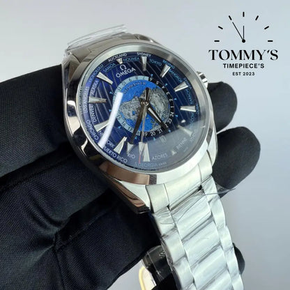 AAA+ Seamaster Aqua Terra 150M Co-Axial Master Chronometer GMT Worldtimer 43mm Sun-Brushed Blue Dial-Stainless Steel
