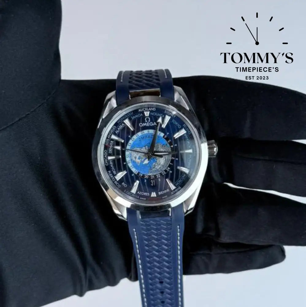 AAA+ Seamaster Aqua Terra 150M Worldtimer Co-Axial Master Chronometer 43mm Blue Dial- Blue Rubber Strap (Silver Bezel)