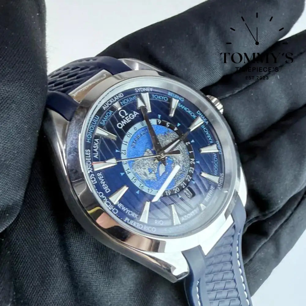 AAA+ Seamaster Aqua Terra 150M Worldtimer Co-Axial Master Chronometer 43mm Blue Dial- Blue Rubber Strap (Silver Bezel)